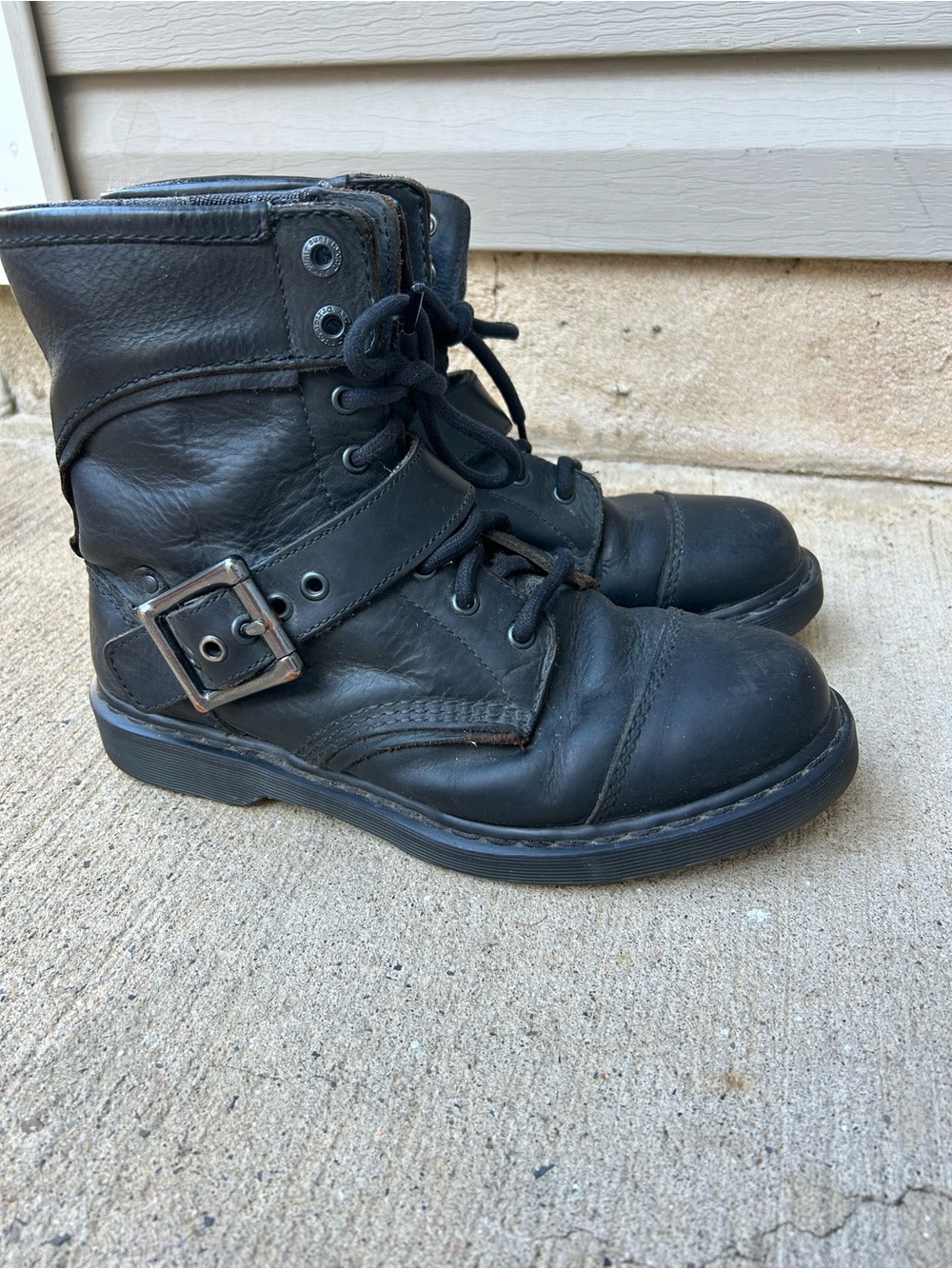 Dr. Martens Triumph 1460 Men Black Leather Lace Combat Boots with Silver Buckle